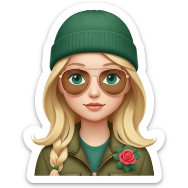 girl with long blond hair
with blue eyes
and aviator sunglasses
wearing beanie
wearing (rose gold apple watch with forest green band) sticker