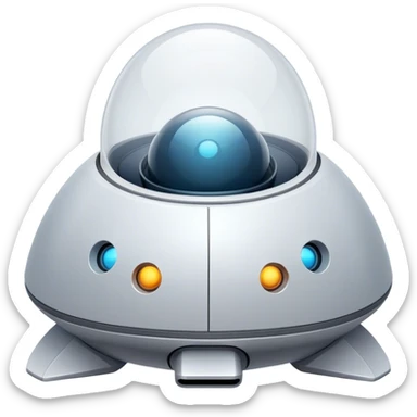 Design a simple, semi-realistic spaceship with a clean and minimalistic design. The ship should have a smooth, rounded shape with a few subtle mechanical details, like small thrusters or panels, but avoid overly complex or advanced features. Add a 'face' to the front of the ship using basic shapes, such as two circular lights for 'eyes' and a curved line or pattern for a 'smile,' giving it a friendly and approachable personality. The design should feel functional yet charming, as if the ship has its own character or consciousness. Use a plain, transparent background with no additional elements, focusing entirely on the ship. The lighting should be soft and even, highlighting the ship's 'face' and overall design. sticker