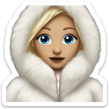 Tanned Girl with lashes and blue eyes, blonde hair, in a extremely big fluffy oversized white fur coat with hood on. The fur is real and it’s very obvious big and fluffy  sticker
