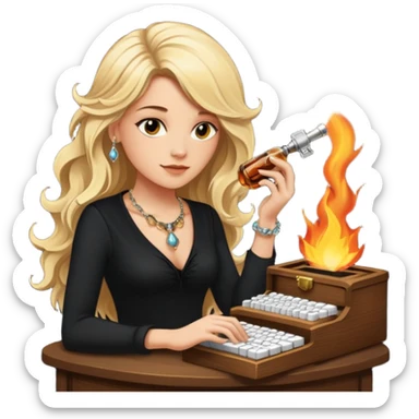 A sketchnote illustration rendered in a strong moody style, featuring a blonde woman with cascading gorgeous hair, a keyboard, a whiskey bottle, a key, a jewelry box, and fire elements against a black background. The lighting is low with low contrast, emphasizing dramatic shadows. sticker