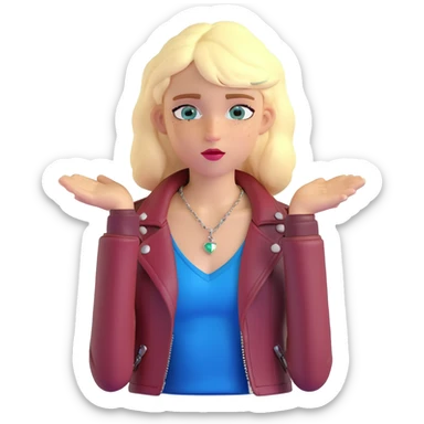 14-year-old girl with choppy blonde layers, armpit length, shortest at mouth, middle part, light freckles, blue eyes, defined cupid's brow, fitted dark red top, brown leather jacket, necklaces sticker