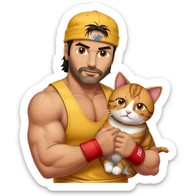 Razor Ramon wrestler from WWF defeating a cat wearing a cap sticker