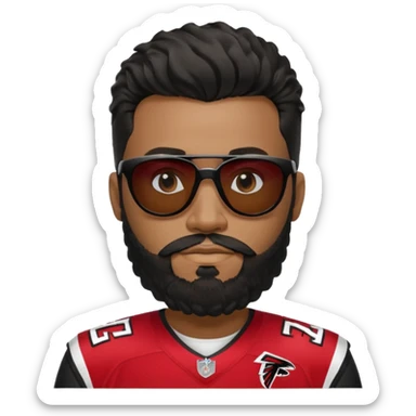 Black man with black sunglasses and wavy
 hair with a full beard and sideburns in Atlanta falcons jersey sticker