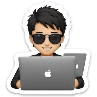 a PRETTY BRATZ boy with black messy hair, black sunglasses, on laptop sticker
