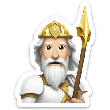 white man Poseidon with gold Trident. long white hair white dress.  with firefighter helmet sticker