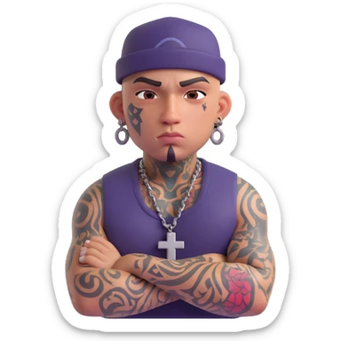 gangster character with face tattoos including teardrop tattoo and cross tattoo, tough expression, urban style sticker