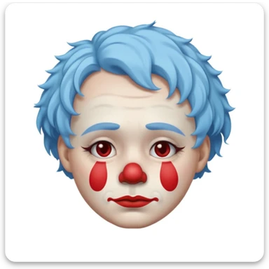 portrait of a sad clown emoji, white face paint, red nose, minimalist makeup with drooping eyebrows and frown, visible tears under the eyes, short curly pastel blue hair, simple ruffled collar, soft subdued colors, glossy highlights, centered close-up, white background sticker