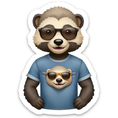 friendly anthropomorphised honey badger in jeans and a t-shirt, wearing sunglasses, head and shoulders view, smiling sticker