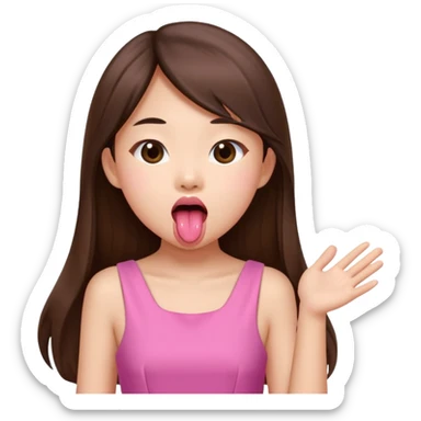 asian girl with long brown hair and fair skin wearing pink dress sticking tongue out sticker
