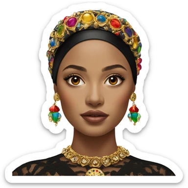 Dolce and Gabbana Italian model in dark dress and headband with colourful ornament and golden detais  sticker