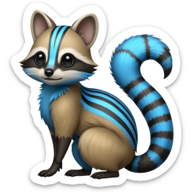 White and blue and grey and black neon glowing bioluminescent Genet-Numbat-Cacomistl-Tamarin-Tanuki-fusion-hybrid (full body) sticker