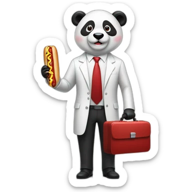 A professor with white suit and red tie and a panda face eating a hotdog and holding a black suitcase sticker