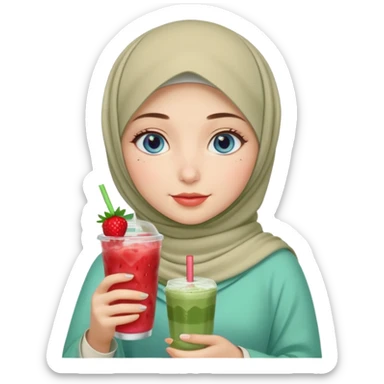 Turkish beautiful finish Konya girl blue eyes with beige and light green hijab islamic dress and had on her hand strawberry Matcha drink sticker