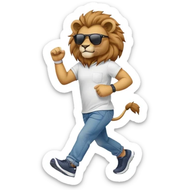 friendly anthropomorphised lion in jeans and a t-shirt, wearing dark sunglasses and a hat, jogging upright in standard pose sticker