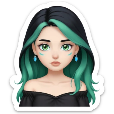 a soft, dolllike emoji girl with light sage green skin and big green-blue eyes, long black hair that swoops gently at the ends, a tiny silver nose stud and a eyebrow piercing on the left side. off the shoulder black top that shows her collarbones sticker