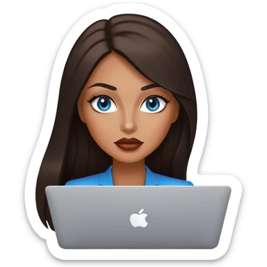 Glamours tanned very beautiful girl with pump lips and dark chocolate straight smooth long hair, blue-grey eyes with MacBook sticker