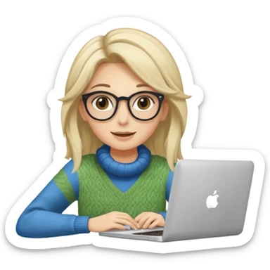 ragazza bionda sorridente con capelli lunghissimi, con occhiali tartarugati, occhi azzurri, con maglione beige, seduta alla scrivania che lavora al pc sticker