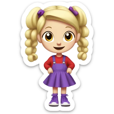 A little blonde girl with pigtails and little purple bows wearing a red long-sleeved shirt and purple overalls skirt with blue tights with green polka dots and purple sneakers, full body, rugrats sticker