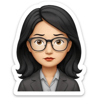 middle-aged Asian woman, long wavy hair, small rectangular metal glasses, serious expression, manager sticker
