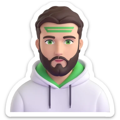 man with short full beard, dark brown undercut hairstyle, white hoodie, and green eyes sticker