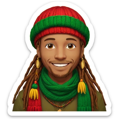 Create a powerful illustrated portrait of a smiling man with long dreadlocks, wearing a colorful red, gold, and green knitted tam. The background has jungle leaves and warm lighting. Style: vibrant digital art, modern, bold lines, reggae vibe. With a Amsterdam colour scarf around his neck sticker