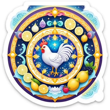 Celestial fitness mandala with magical water and lemon at center, surrounded by orbiting enchanted elements: radiant sun, glowing chicken and rice, sparkling gym weights, ethereal yogurt, twinkling fruits, and mystical sleep moon, all connected by cosmic energy flows and starry aura sticker