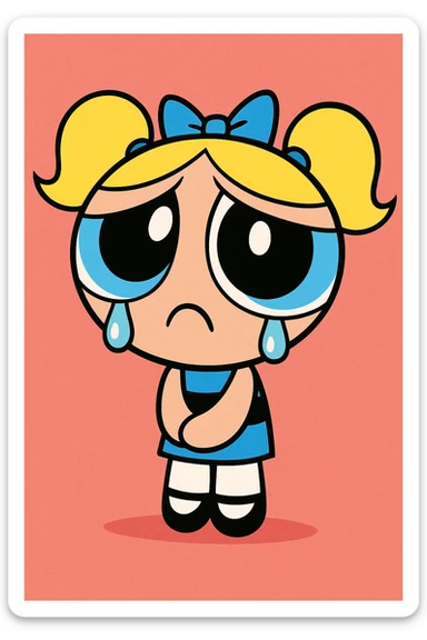 Powerpuff Girls character with a sad emotion, cartoon style, vibrant colors sticker