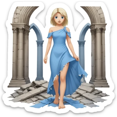 Female figure standing barefoot in ruined cathedral, dress slipping from shoulder sticker