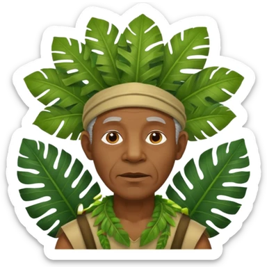 a old black man with jungle wearing a large leaf headgear bye  sticker