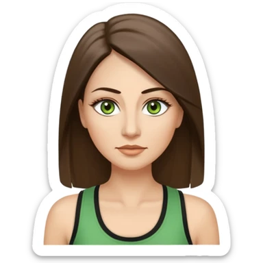 43 year old Adult woman avatar, light skin tone, long, oval face, long straight ashy brown hair, green almond-shaped eyes with dramatic eyelashes and minimal eyeliner, neutral mouth, medium straight eyebrows, average nose, smooth skin, high-neck tank top  sticker