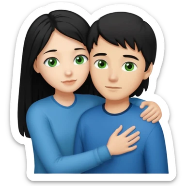 Make a couple hugging the girl is white with long black hair with blue eyes. The girl is hugging a boy with light brown short hair with green eyes. sticker