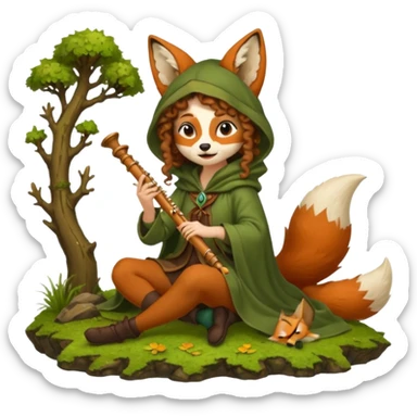 forest sticker character, woman with curly brown hair dressed as fox bard, tail cloak and ear hood, sitting on moss playing flute sticker