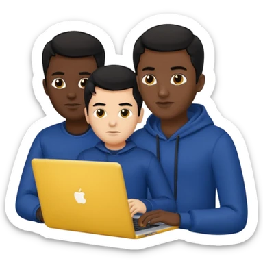 technologist using laptop coding with 2 other technologist color yellow three of it is man  that using 3 laptop the hair is black and the cloth is dark blue sticker