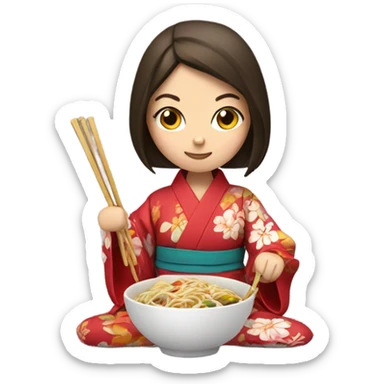 Brunette in a kimono eating noodles with chopsticks sticker