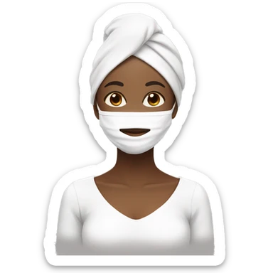 brown skin girl with white face mask in white towel with another white towel wrapped on her head closing her eyes and smiling sticker