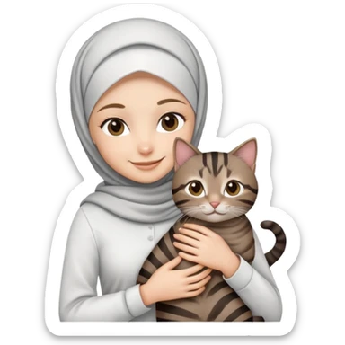 White girl wearing hijab with white shirt smiling while holding a black grey brown stripes tabby cat sticker