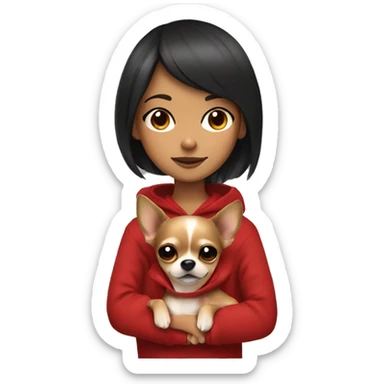 A girl with brown eyes and dark brown hair in red hoodie and bangs covering her forehead hugs Chihuahua  sticker
