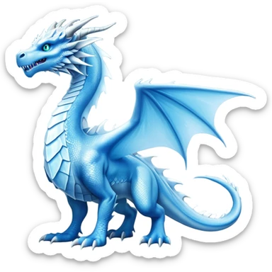 Cinematic Noble very elegant Ice Dragon full body  Emoji, Poised and imposing, distinct long elegant snout, with a slender, scaled body shimmering in glacial hues of icy blue, frostbitten silver, and crystalline white, breathing out frost, with piercing, glowing ice blue white eyes that radiate the chilling depths of an arctic storm; rendered in detail. excuding wisdom sticker