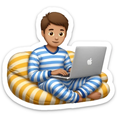 man in striped pajamas and fuzzy slippers typing on a laptop, emoji style sticker