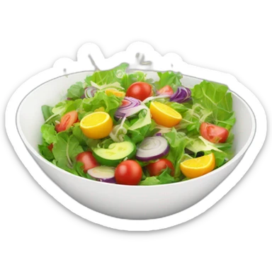 "Create a vibrant, 3D bowl of salad with colorful, glowing ingredients, levitating slightly in a modern kitchen setting. sticker