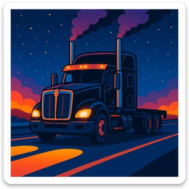 cartoon illustration black Kenworth T680 Flat Top semi truck on nighttime highway, smoke billowing from stacks, glowing headlights, starry sky, energetic and colorful sticker