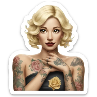 Blonde elegant women, her Body Covered with Tattoos, POINTING FORWARD with her HAND , Hyper realistic sticker