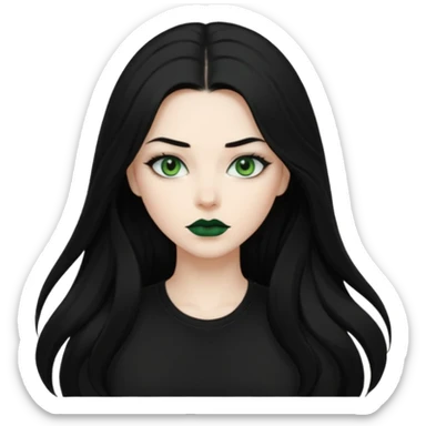 Black haired woman, green eyes, black lipstick, white skin, black t shirt, sharp face, long hair sticker
