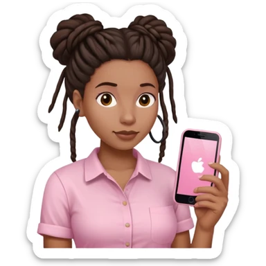 Dark brown woman with dreadlocks in bun Light pink shirt with a light pink phone in her hand sticker