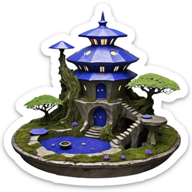  Alien saucer-castle jungle winding trail mountainside getaway haunted nighttime hobbit landscape antique mudman very old broken cracked intricately detailed Stone Age lapis-crusted irregular dodecagon-shaped shallow dark moss rough bark violet flowered maple bonsai Saikei coffee table-sized pot  sticker