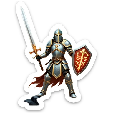 An icon representing RPG, inspired by Elden Ring. The design features a warrior in armor, holding a sword, standing in front of a mystical, dark landscape with glowing runes and a distant castle. The atmosphere evokes epic quests, exploration, and intense battles. Transparent background sticker