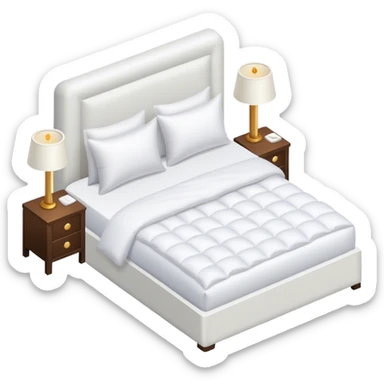 All white luxury hotel bed with puffy white duvet, isometric sticker