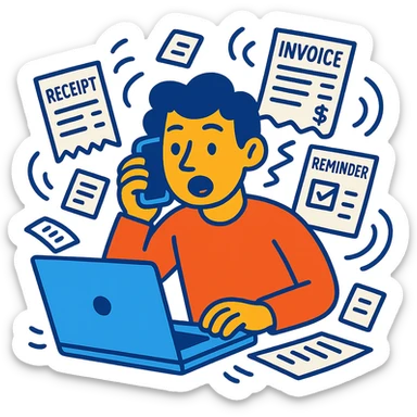 person holding a phone in one hand, laptop open in front, storm of receipts, invoices, and reminders swirling around, multitasking chaos sticker
