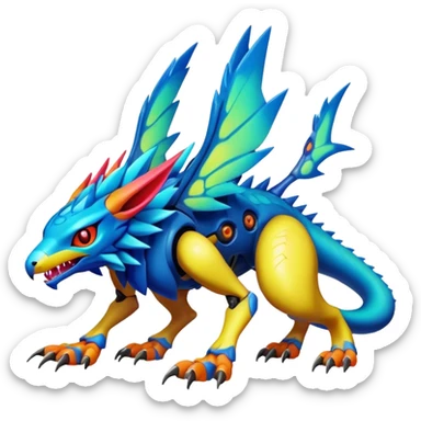  colorful warm modern cyber-Fakémon-Digimon-Trico-Vernid-creature (full body) sticker