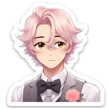 Gorgeous romantic hot attractive anime style formal modern gentlemanly anime shojo guy with pretty hair and flower petals and blushing face aesthetic trending style with colorful gradient colors  pastelcore cottagecore kawaiicore sticker